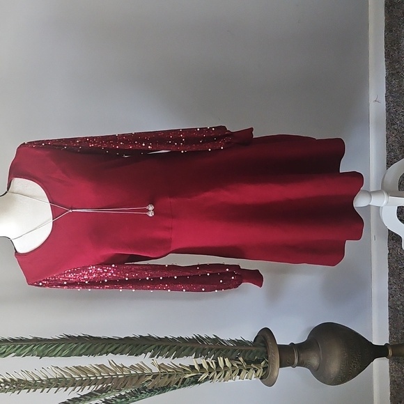 Cato Maroon Sweater Dress with Sequin and Pearl Long Sleeves - Picture 2 of 15